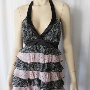 BEBE Halter Neckline Potka Lace Tier Cocktail Party Top Blouse
